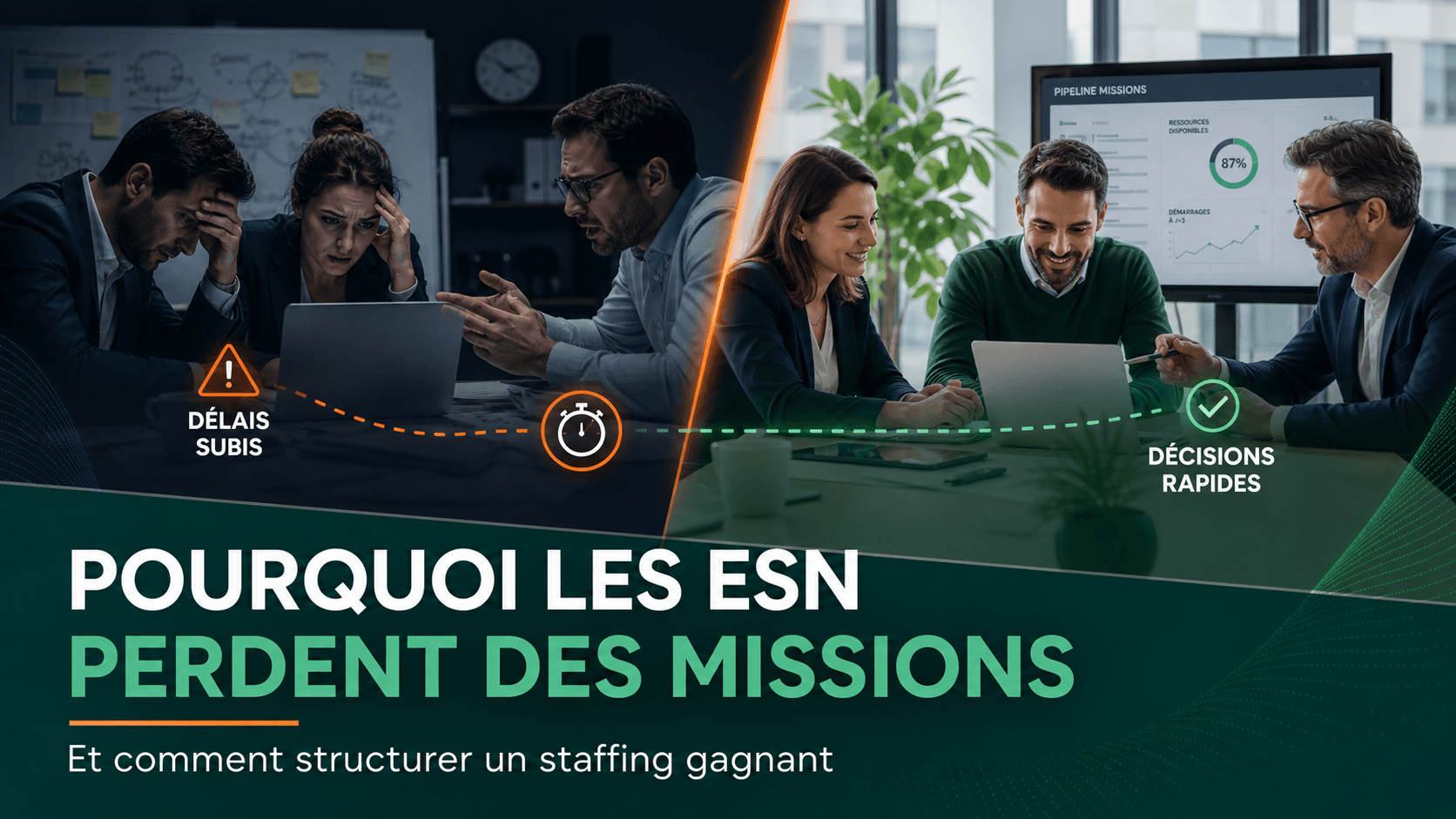 Comparaison visuelle entre délais subis et décisions rapides dans une ESN mieux structurée.