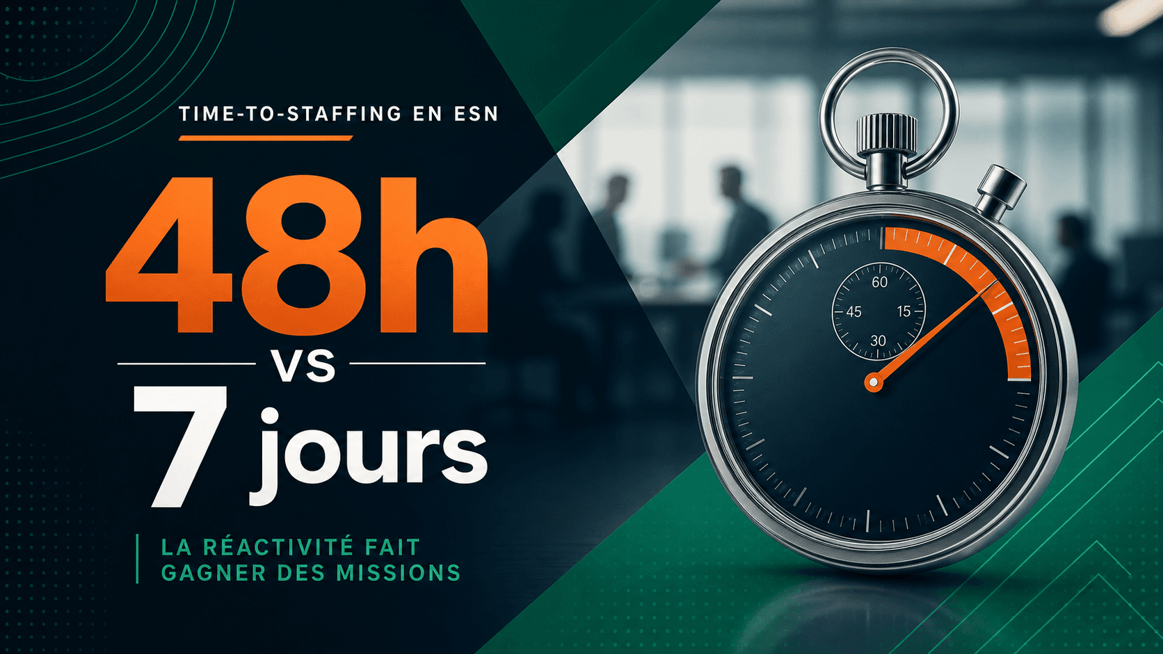 Illustration du time-to-staffing en ESN avec contraste 48h contre 7 jours et chronomètre.