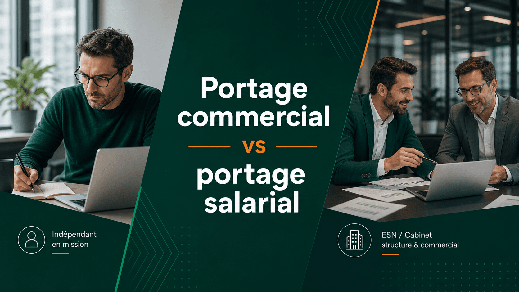 Comparaison visuelle entre portage commercial et portage salarial dans un contexte ESN et grands comptes.